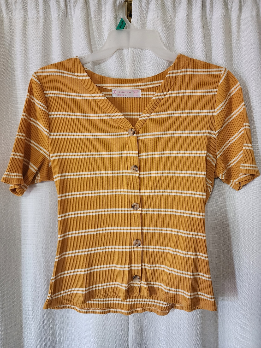 No Boundaries Mustard Striped Button-Front Ribbed Top